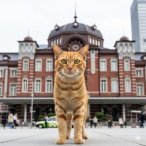 東京駅の前に立つ猫